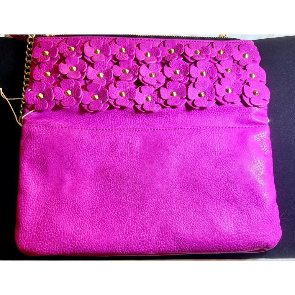 Gianni Bini NWT Hot Pink Floral Appliqué Crossbody Bag Gold Chain - Picture 12 of 15